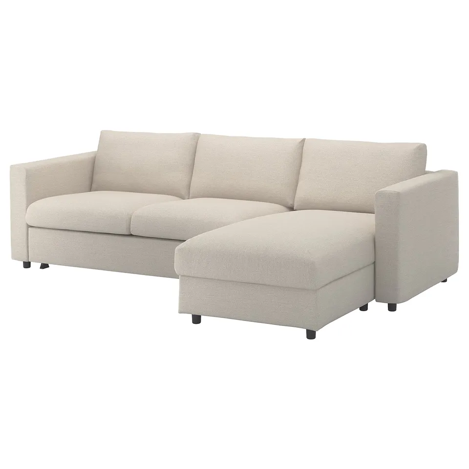 VIMLE: IKEAs light beige sectional sofa, curved chaise, fabric tech.