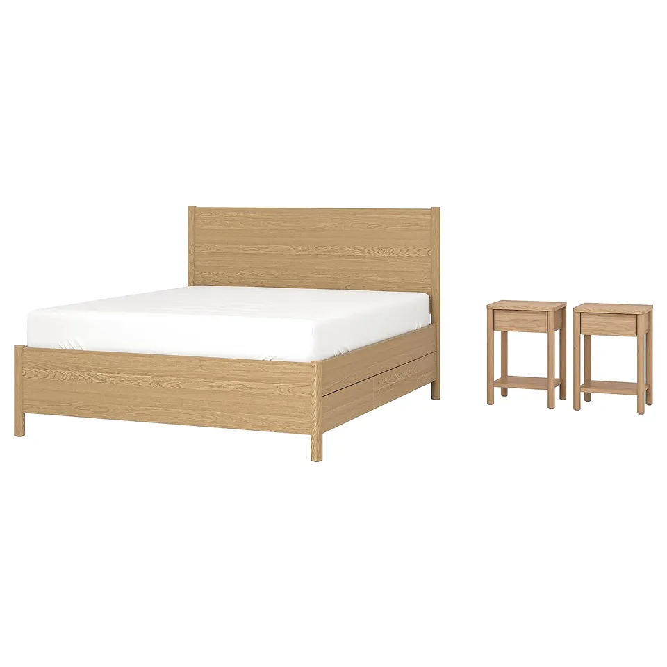 Minimalist bedroom set: TONSTAD bed and nightstands. Light wood, clean lines, soft-close drawers.