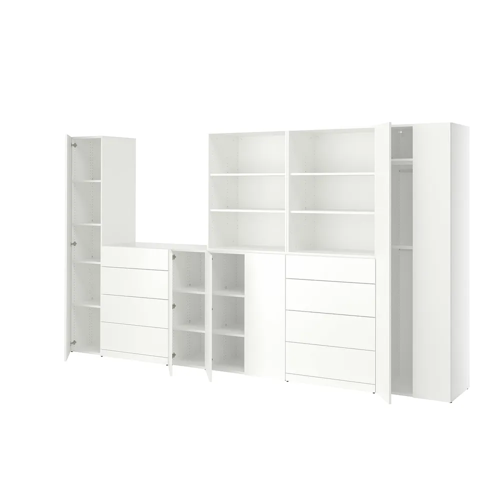 A white LASTARE furniture set with shelves and drawers, made of particleboard and fiberboard, designed for storage.