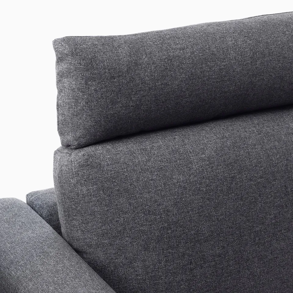 Close-up of VIMLE sofa, dark grey fabric, plush cushions, clean lines.
