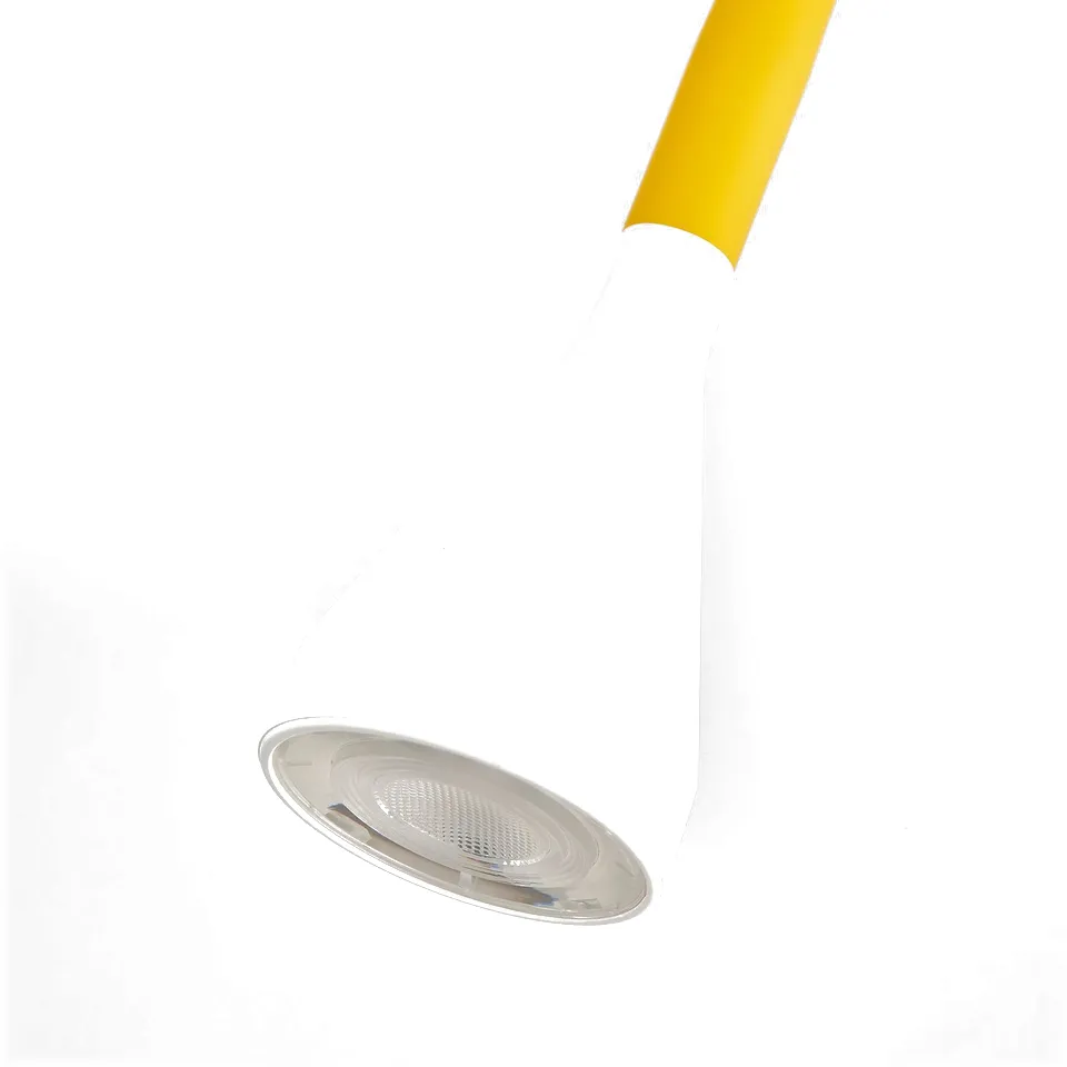 Modern white lamp with adjustable yellow neck; provides focused, glare-free light.