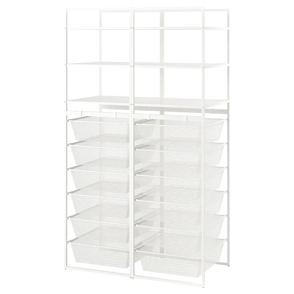 A JONAXEL white metal storage system with multiple shelves and mesh baskets, ideal for organising items in various rooms.
