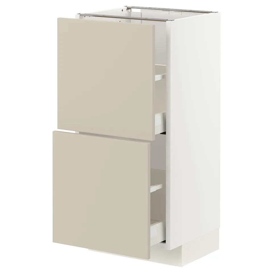 METOD kitchen unit in beige. Two drawers and two shelves, showing sturdy and sleek design.