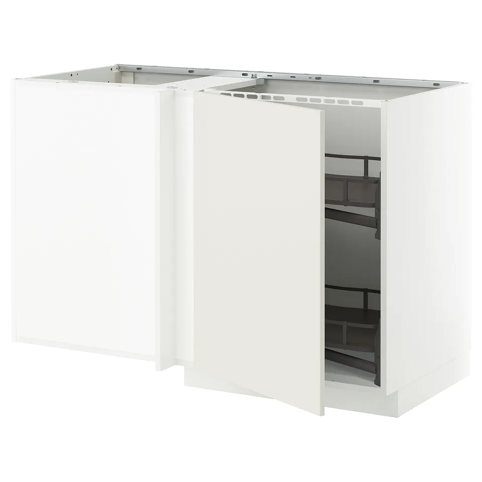 White METOD corner kitchen cabinet with pull-out shelves.
