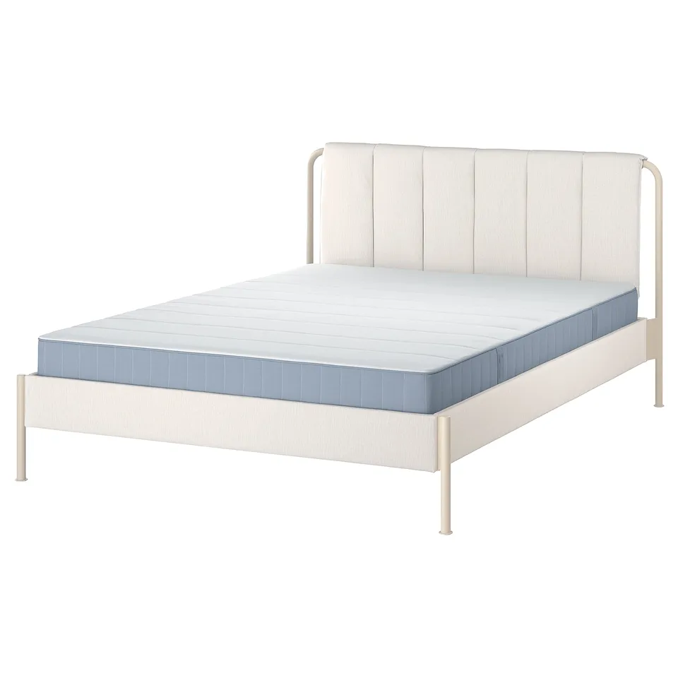 Modern white bed frame with grey mattress, sleek headboard, metal legs, minimalist design.