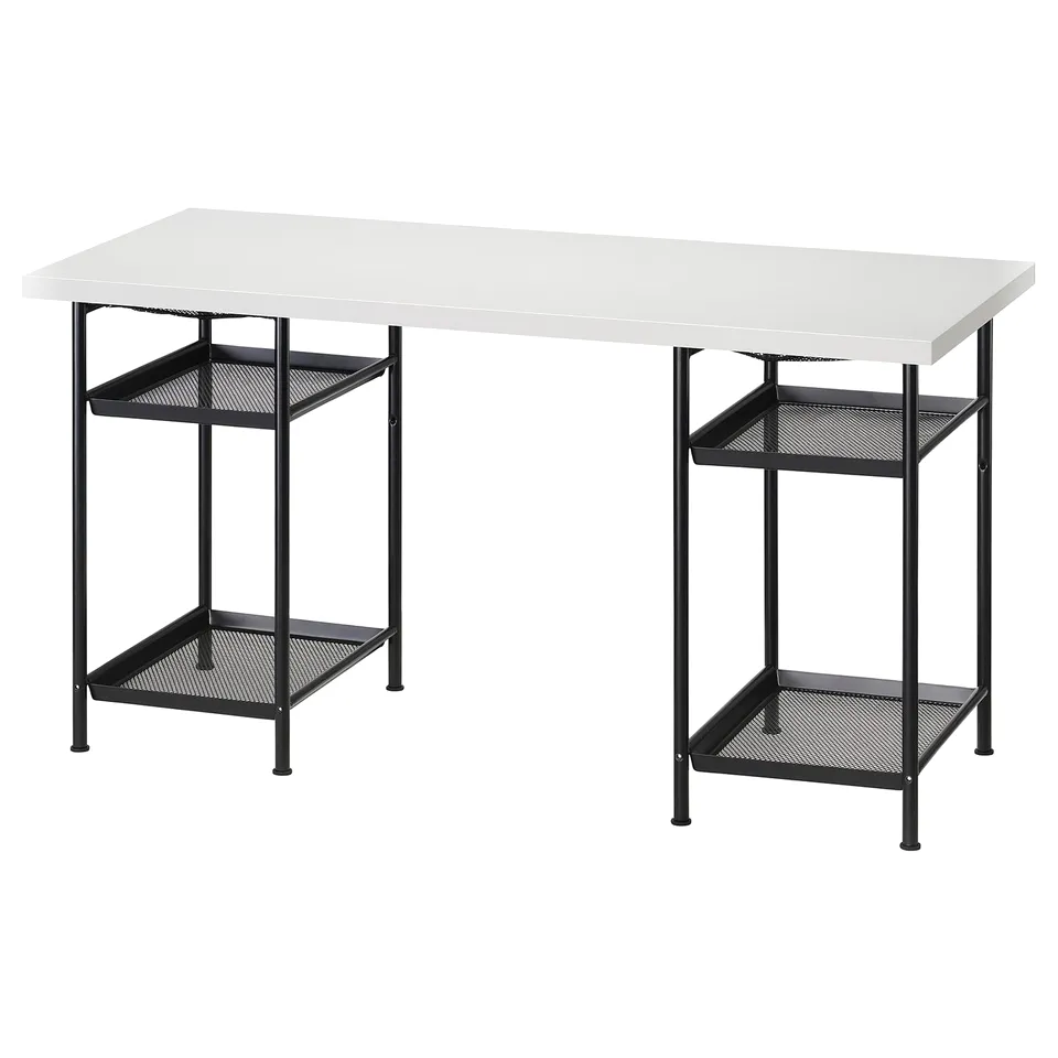 The LAGKAPTEN desk in white with black metal legs and shelves, showcasing a modern, minimalist design with practical storage.