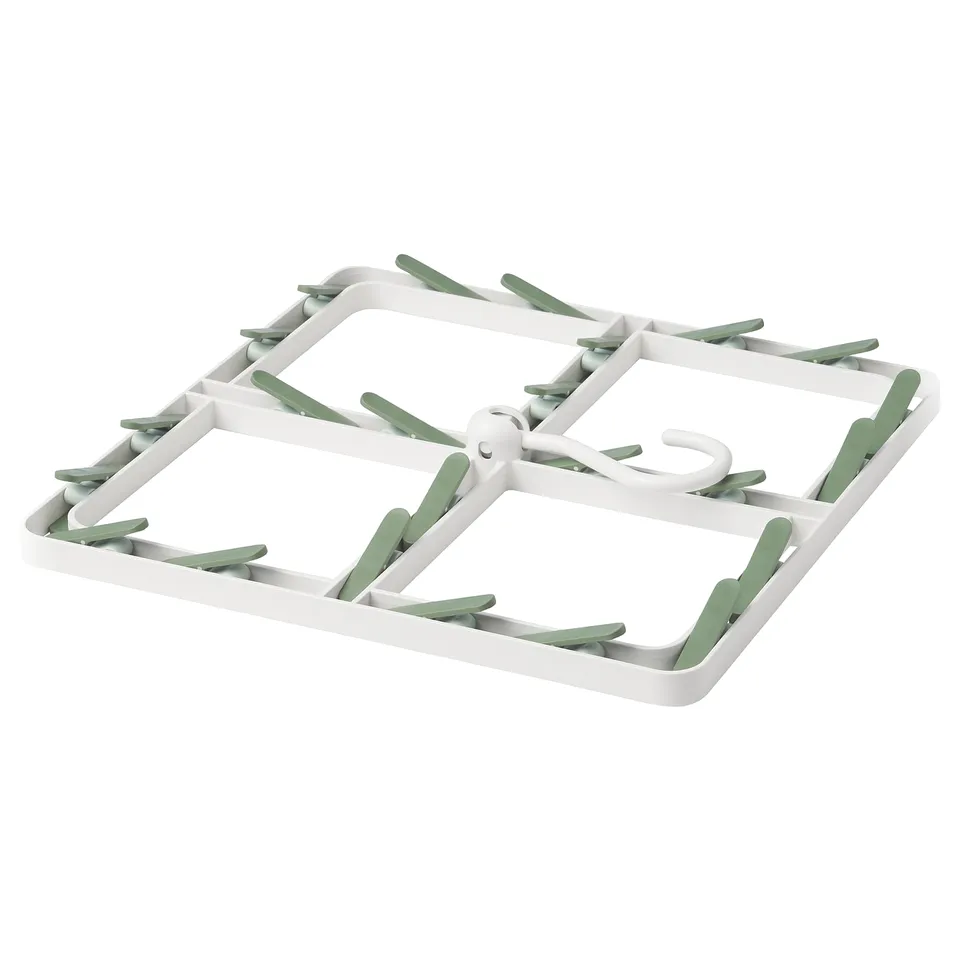 A SLIBB foldable hanger in white with 24 green clips, designed for drying small clothes.