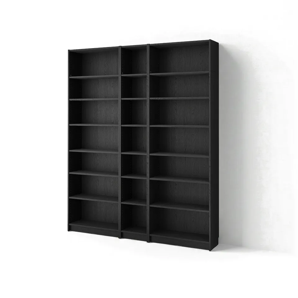 Large black BILLY bookcase, modern, square-shaped with multiple shelves.