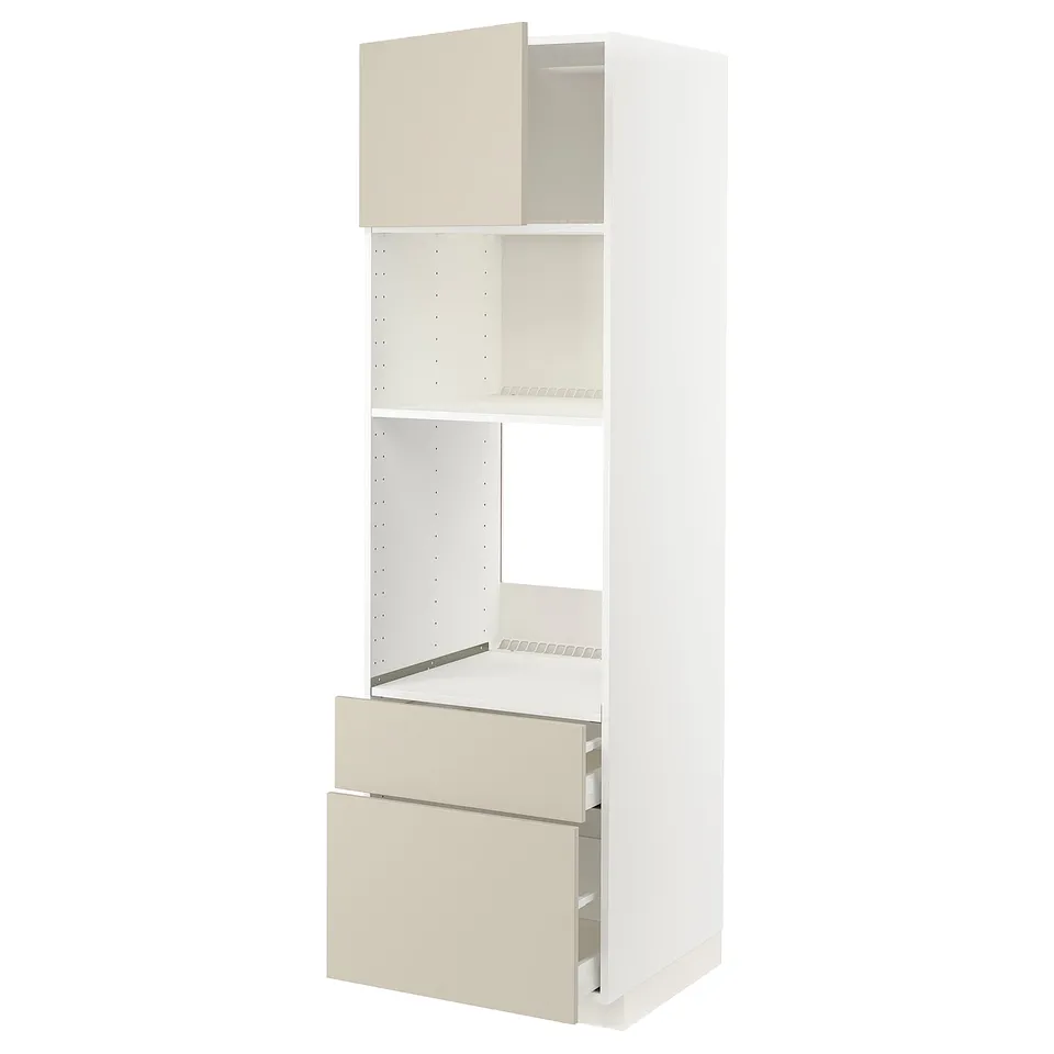 METOD kitchen unit in white with beige drawers and shelves, sleek modern design.