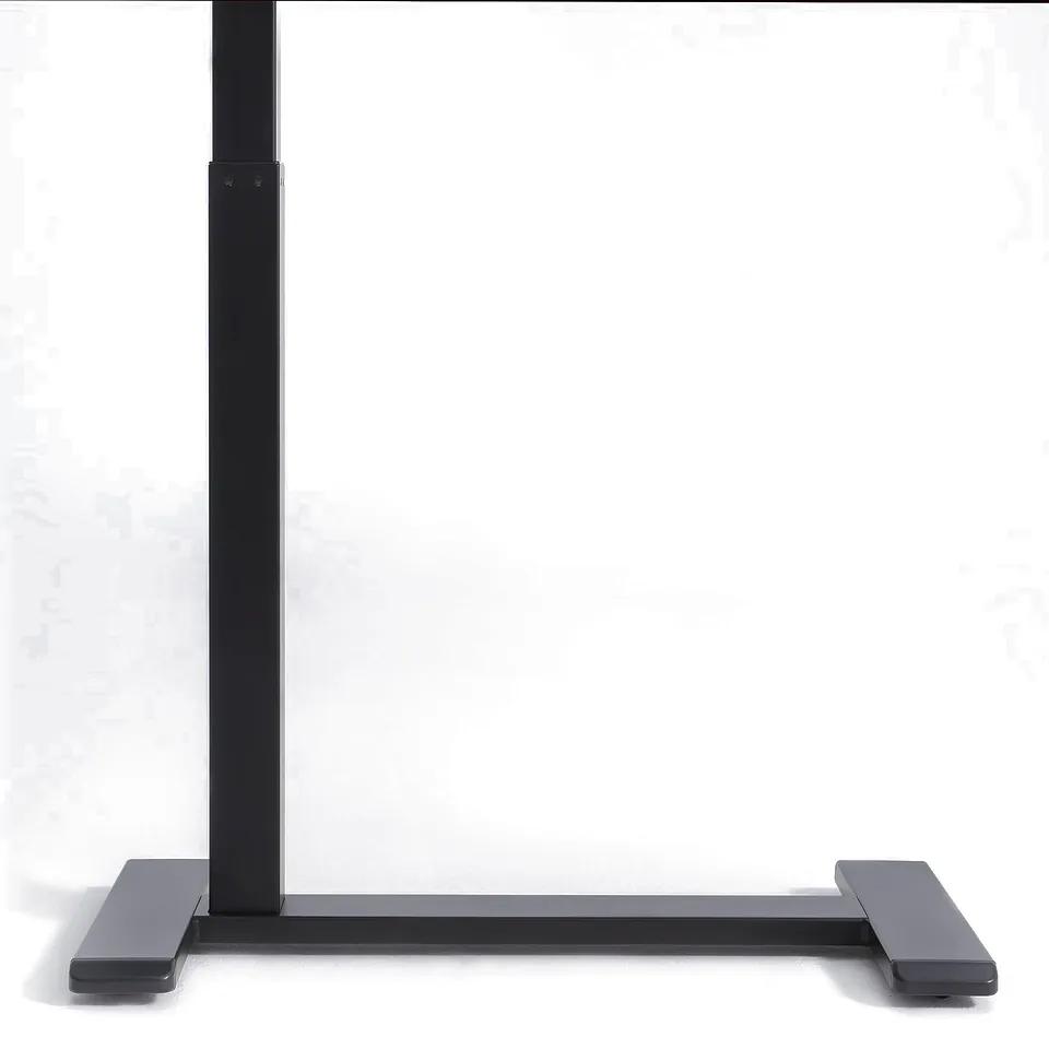 Black height-adjustable table base with gas spring and sturdy, black, adjustable feet.
