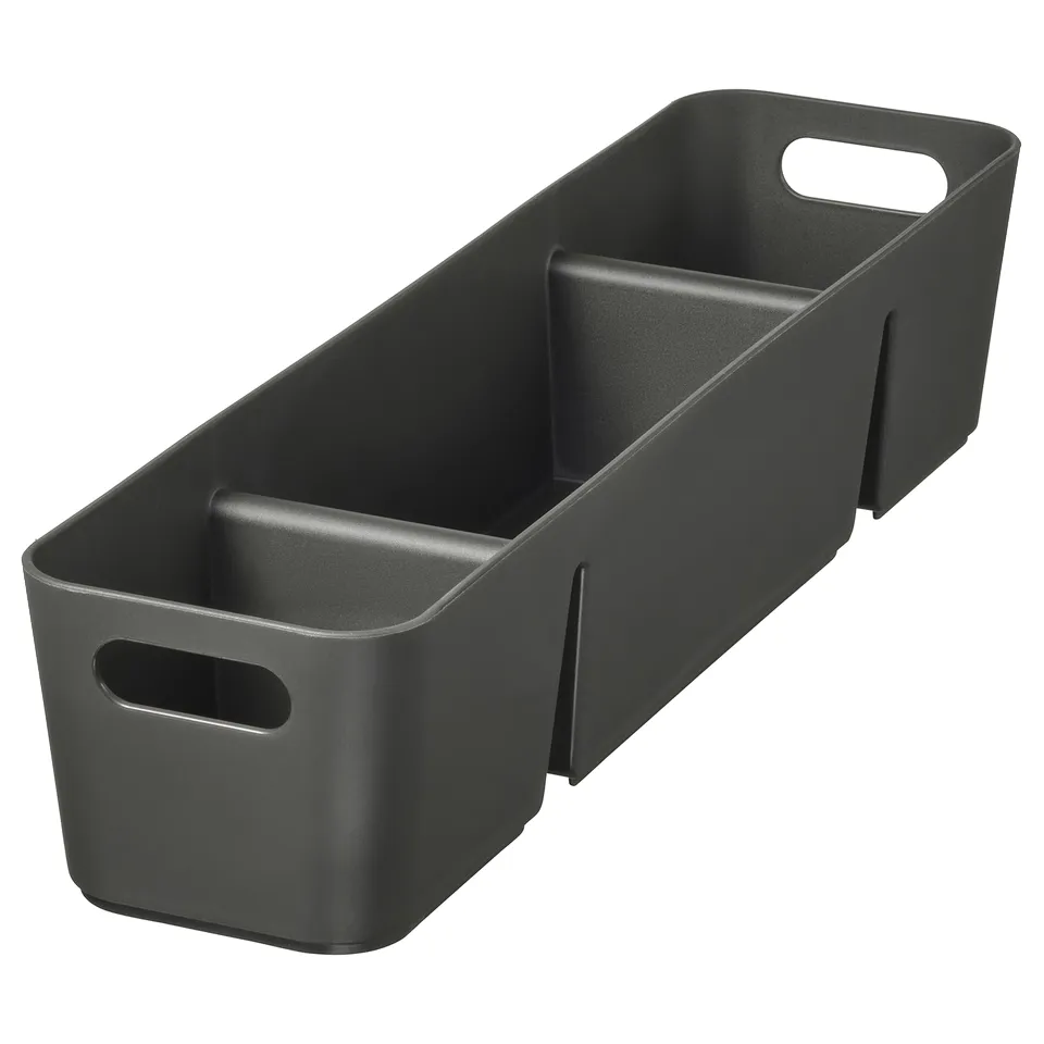 A grey UPPDATERA plastic storage box with handles and compartments for organising items.