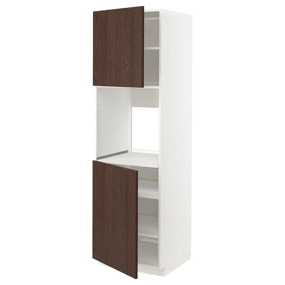 White METOD kitchen cabinet with dark brown doors, oak trim, adjustable shelves.