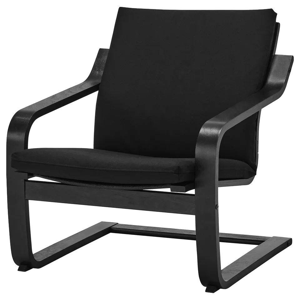 Black POÄNG armchair, modern & comfy with rocker base, padded fabric seat & back.
