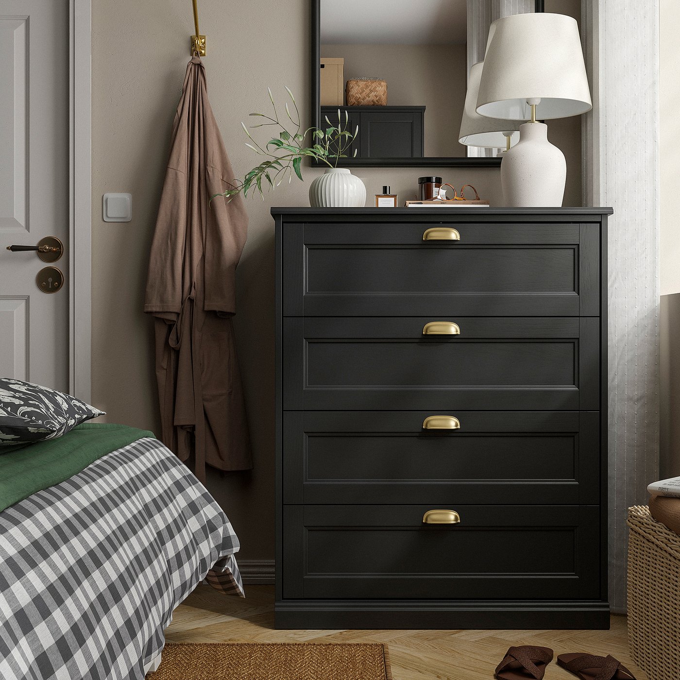 FÅGELFJÄLLET black chest & bed, elegant oak style. Compact yet spacious, it fits well in cosy rooms. Timber-inspired, modern traditional design.
