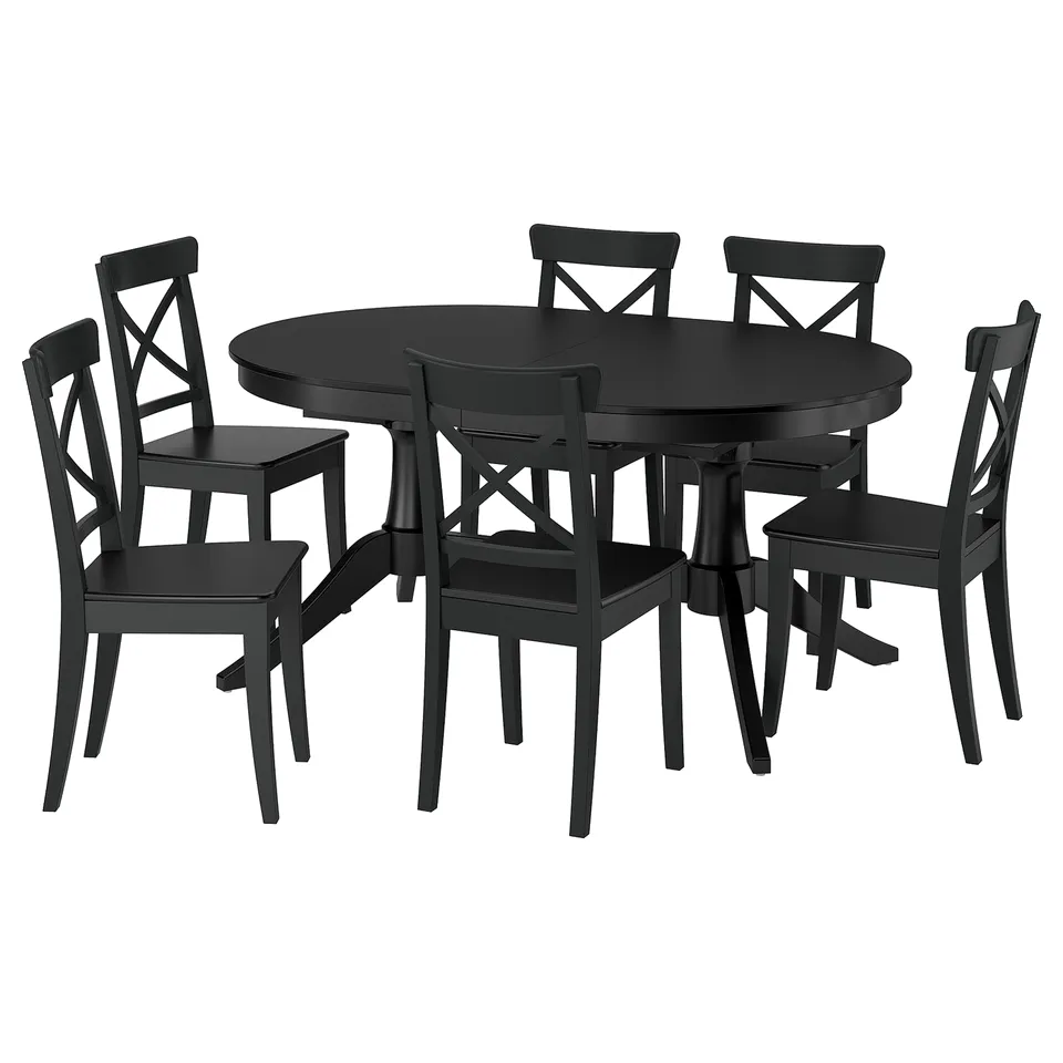 Black ROSENTORP dining set: oval table, four chairs, solid wood.