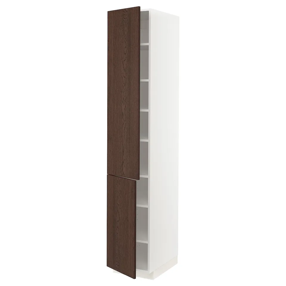 White tall kitchen cabinet with dark wood doors.