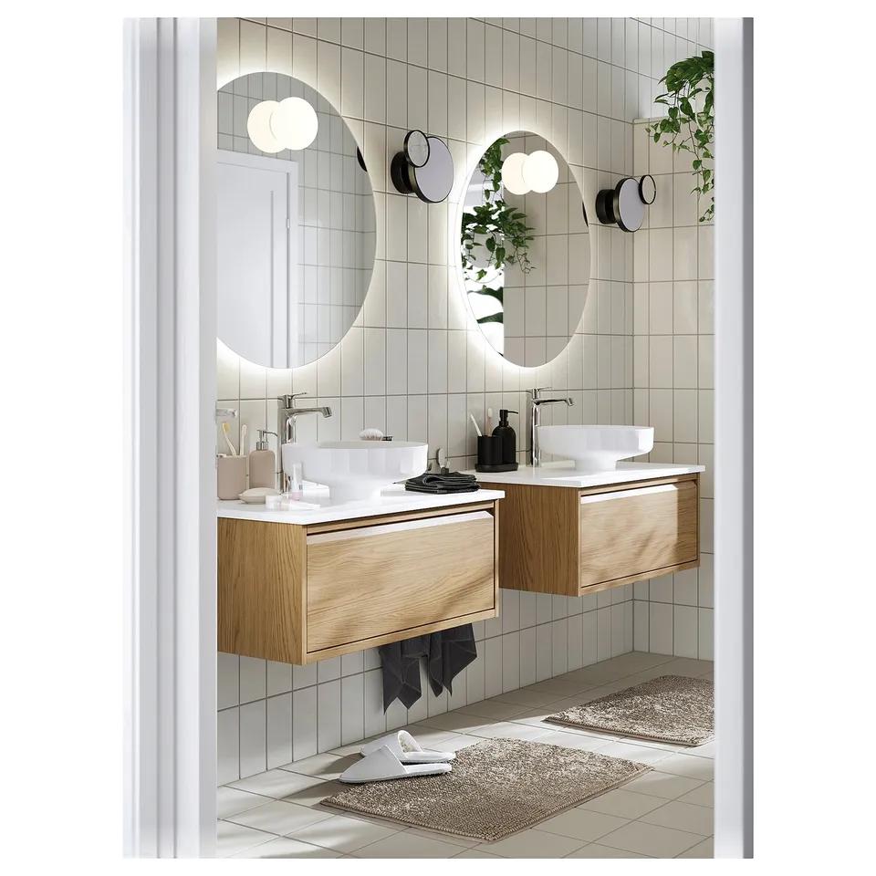 LERSJÖN Countertop wash-basin w water trap, white, 38x14 cm