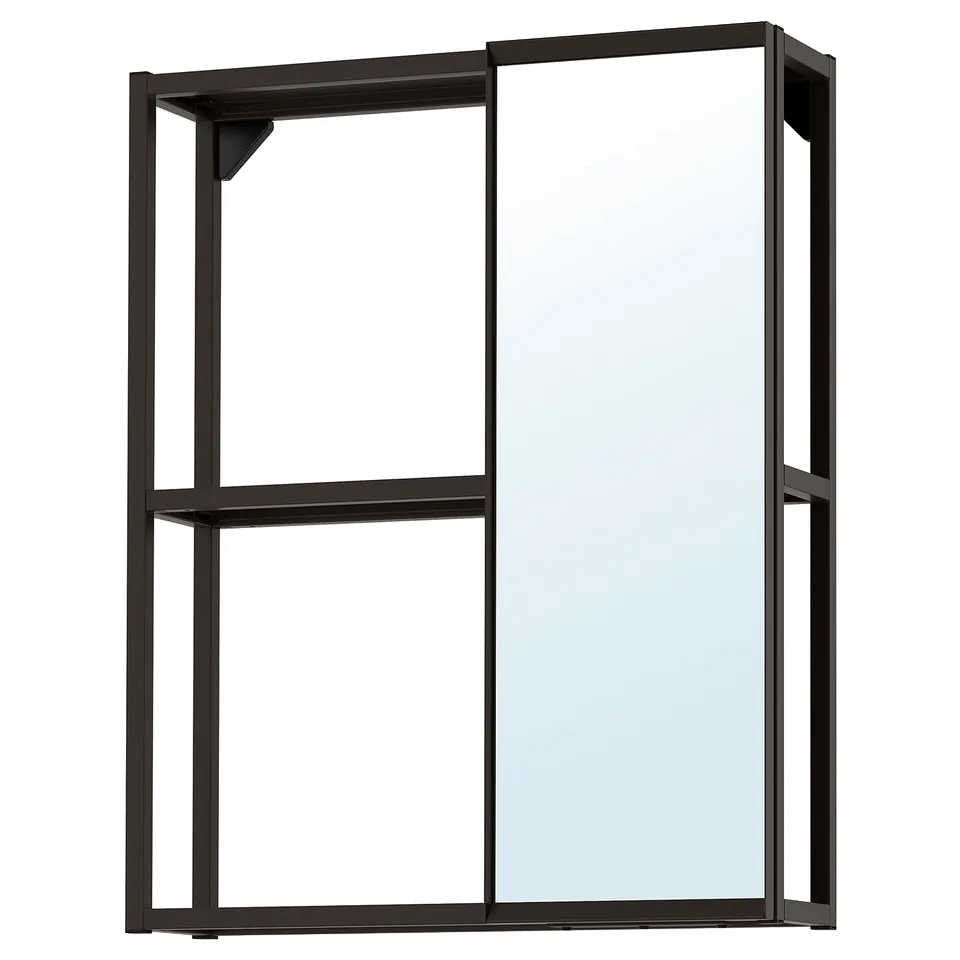 ENHET bathroom set: black metal frame with shelf and mirror.