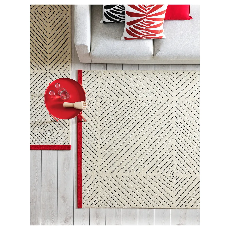 UNDERVISNING Rug, low pile, off-white black/handmade, 200x300 cm