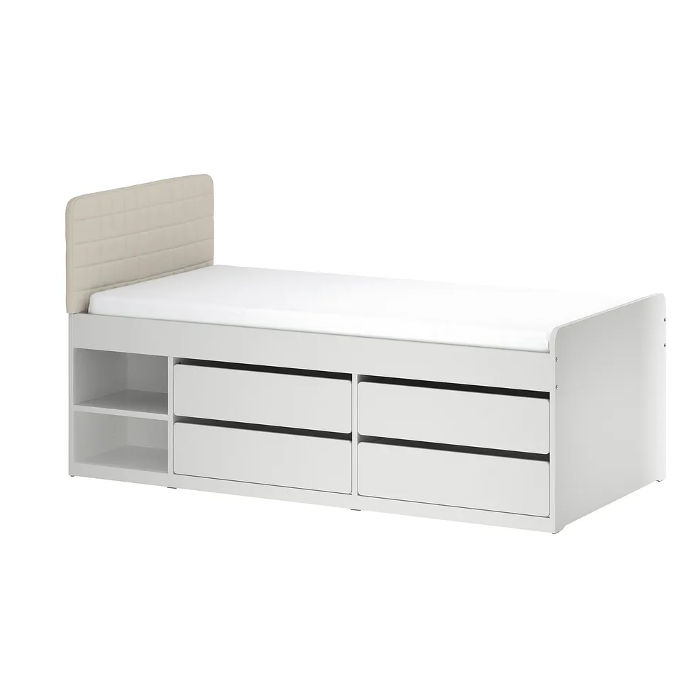 White modern bed with padded headboard, 2 storage drawers, open shelves.
