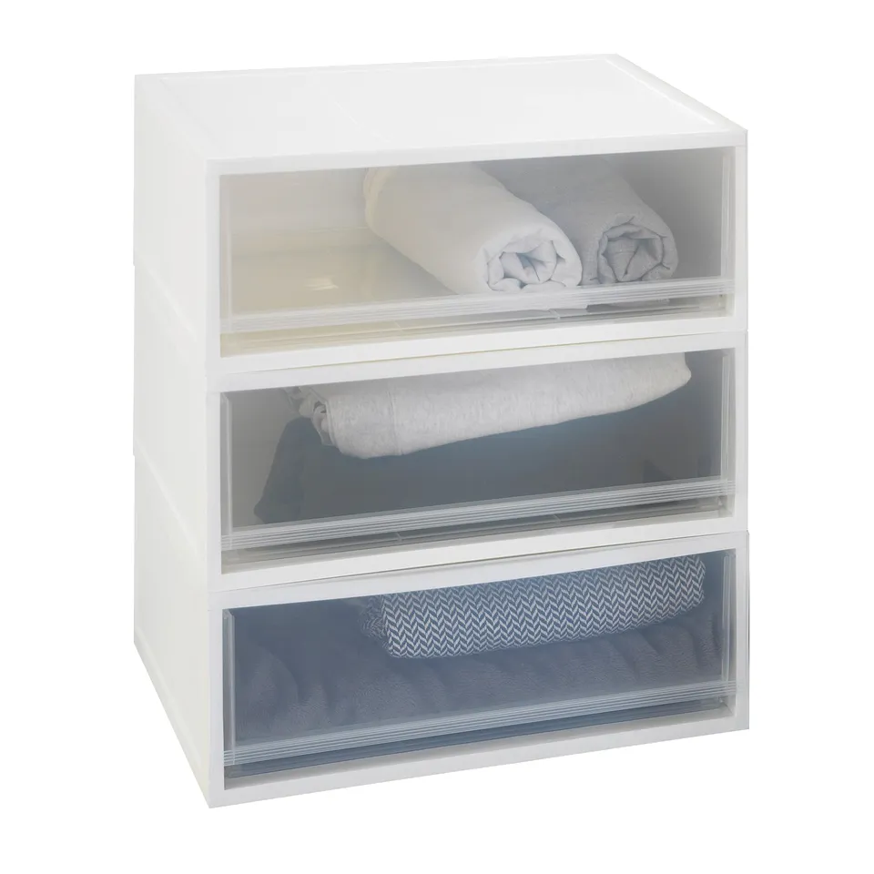 White storage unit with three drawers, each containing folded towels. Perfect for organising and easily accessing items.