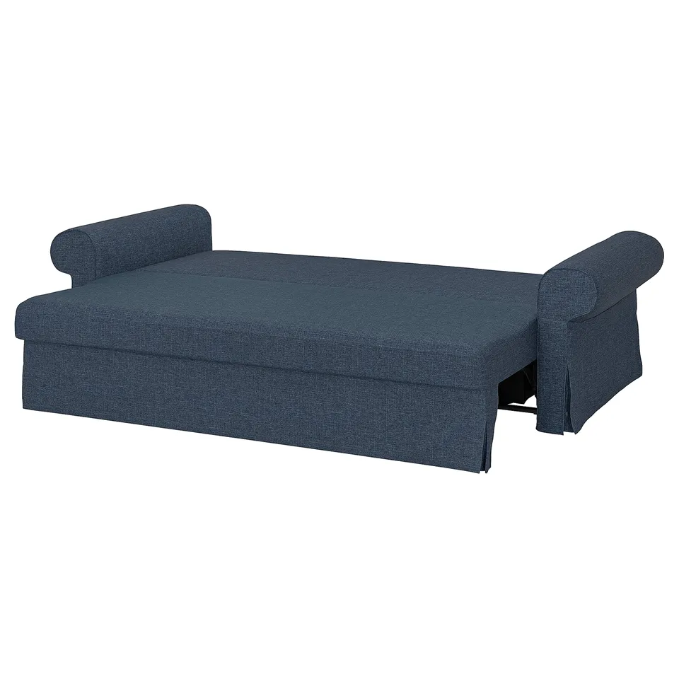 Blue VRETSTORP sofa-bed, recycled fabric, rolled arms, sleek design.