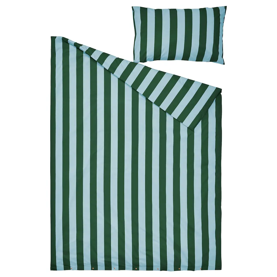 A green and white striped bedding set, including a duvet cover and a pillowcase. The material is cotton and lyocell blend.