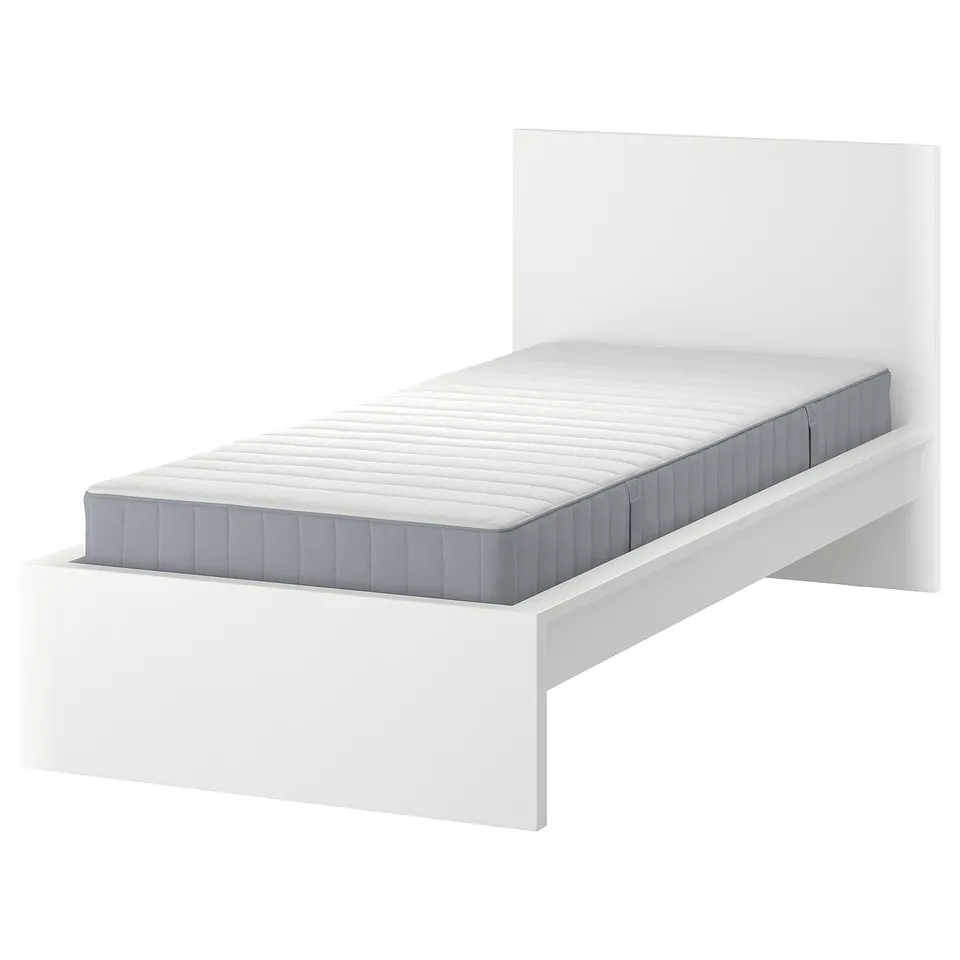 A white ikea MALM bed with a gray mattress, featuring a high headboard and adjustable bed sides.