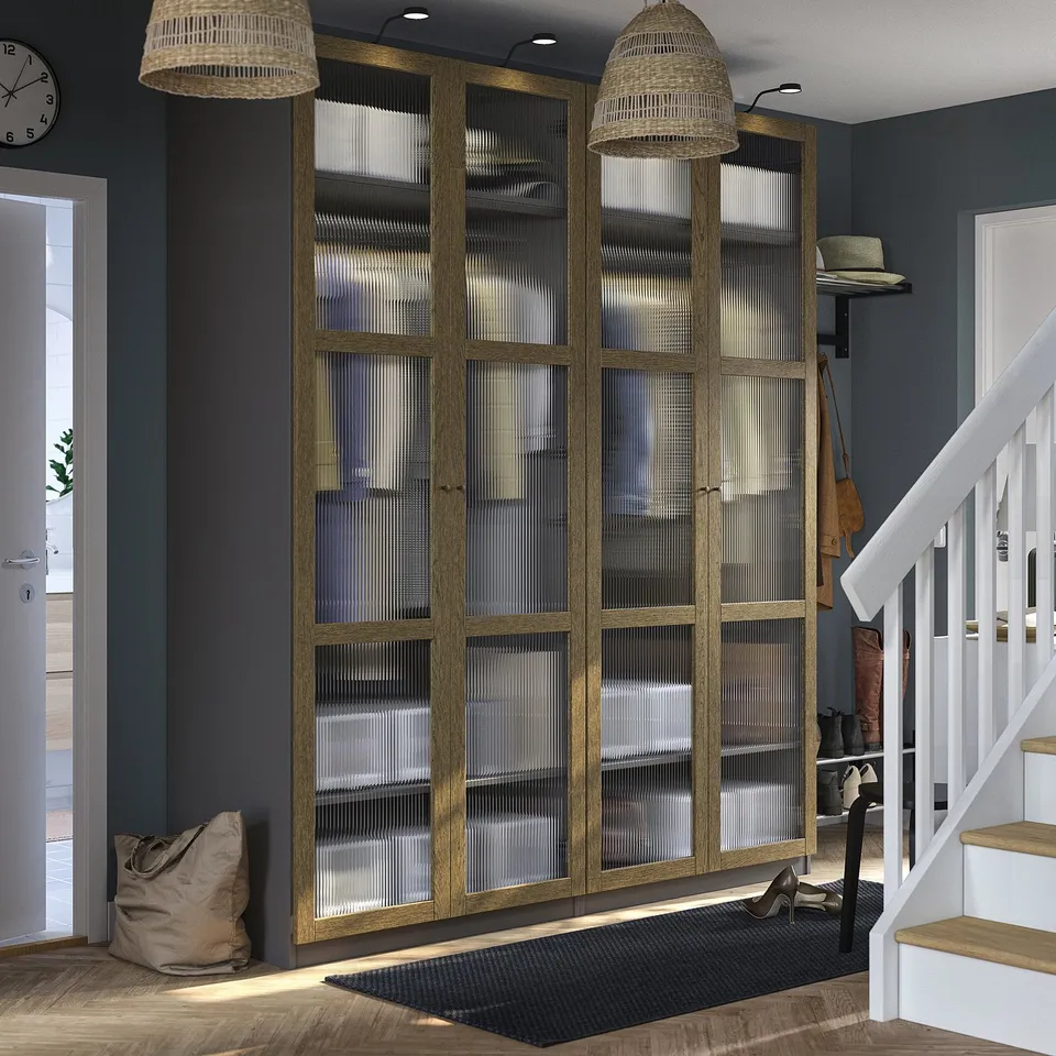 PAX wardrobe with frosted doors & runner rug near stairs