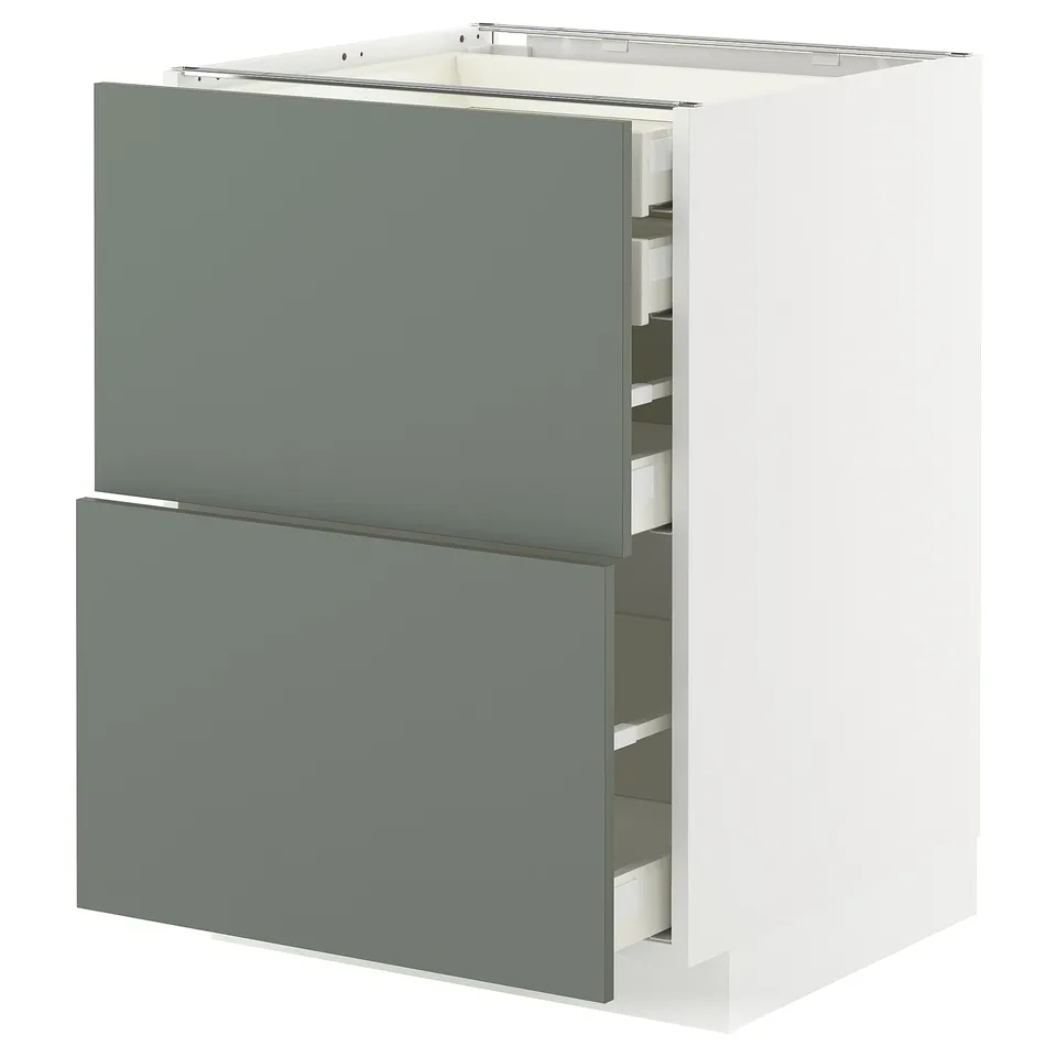 White ikea METOD kitchen unit with grey-green drawers, modern and minimalist design.