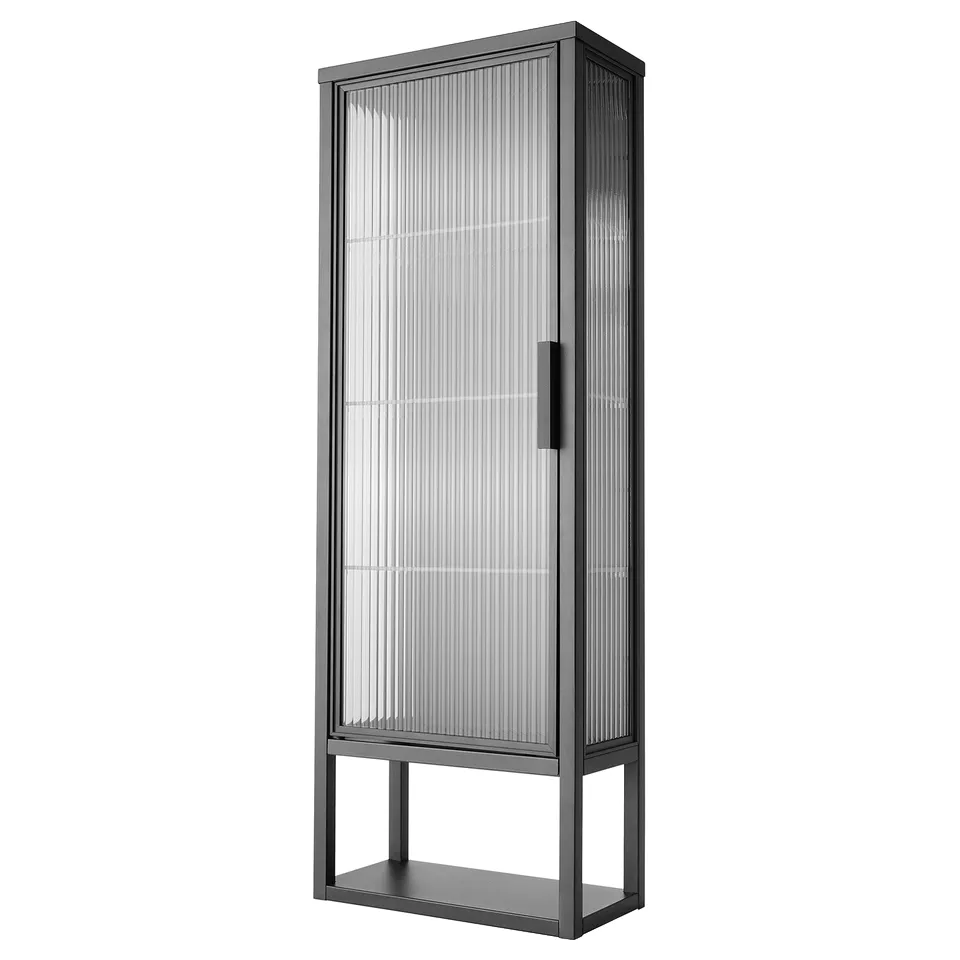 MOSSJÖN: tall black bathroom cabinet with frosted glass door, open shelf at bottom, sleek design.