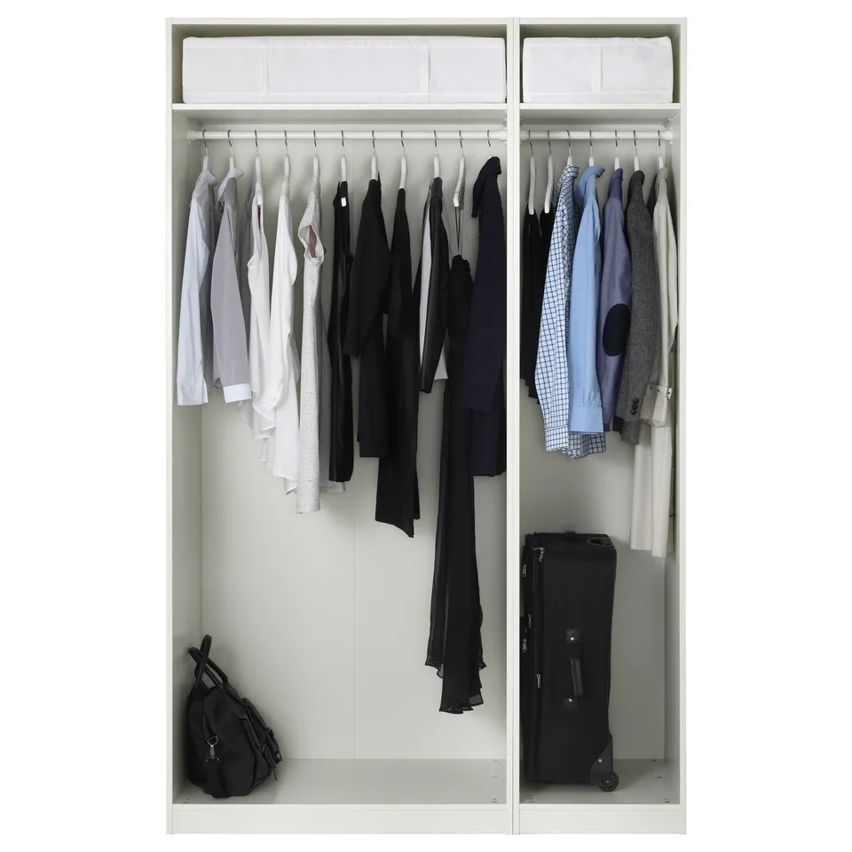 A compact wardrobe with two sections for hanging clothes, one shelf at the top, and a lower compartment for additional storage.