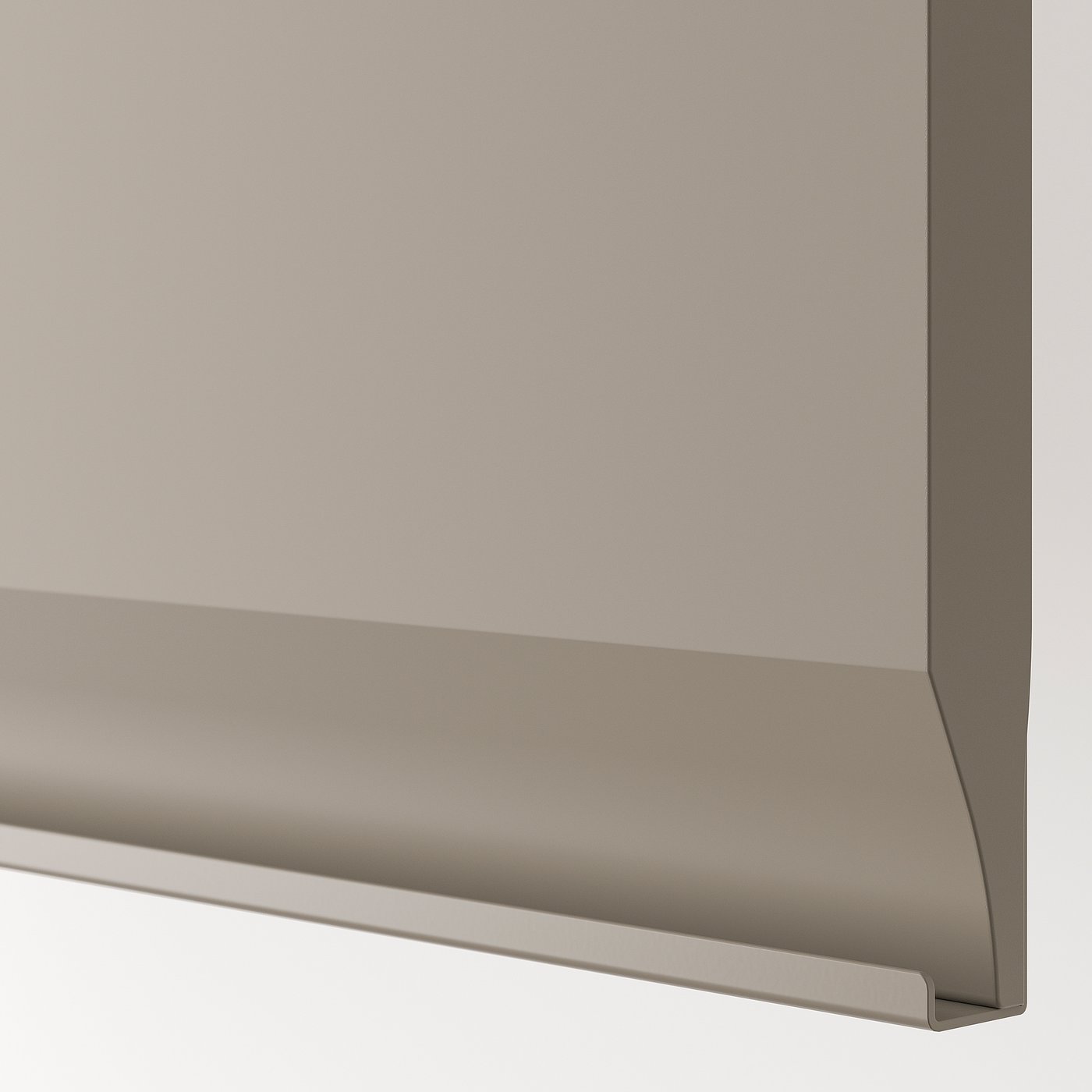 Matte grey-beige cabinet edge, smooth finish, integrated handle.