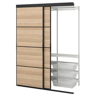 SKYTTA / BOAXEL reach-in wardrobe with sliding door, black double sided/Mehamn white stained oak effect, Width 152.0 x Depth 65.0 x Height 204.5 cm