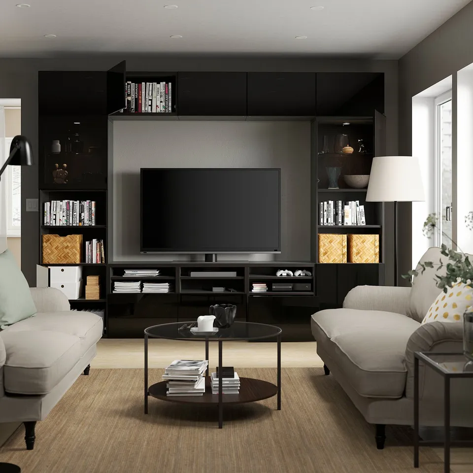 Modern living room with BESTÅ tv unit. Includes adjustable shelves, cable management, and integrated lighting.