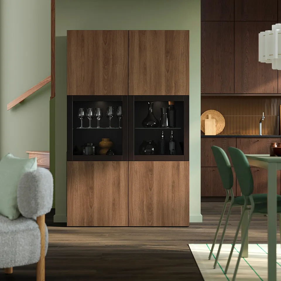 BESTÅ Storage combination w glass doors, black-brown Lappviken/brown walnut effect, 120x42x193 cm