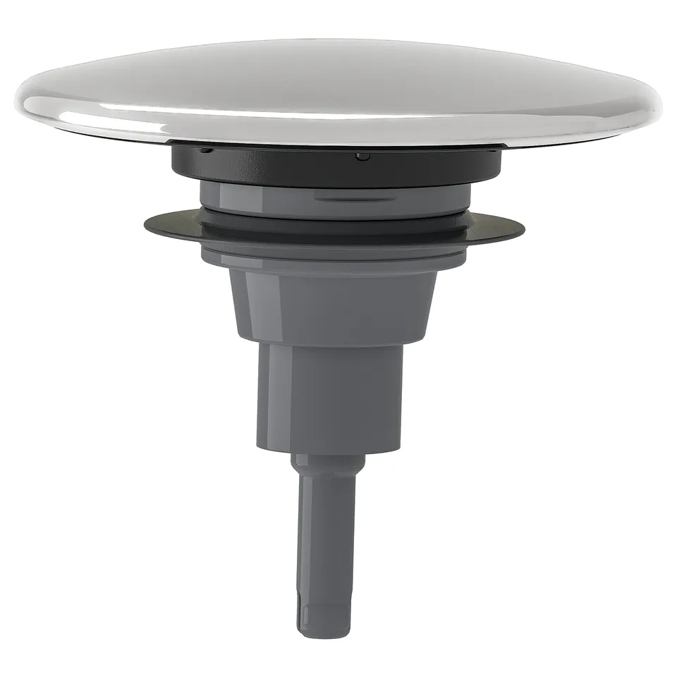 A RÄNNILEN sink drain in grey, made of stainless steel and plastic, with a polished steel lid and a cylindrical shape.