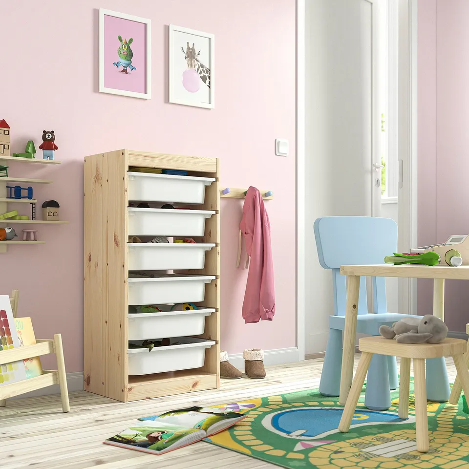 TROFAST Storage combination with boxes, light white stained pine/white, 44x30x91 cm