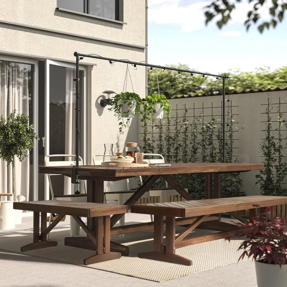 Wooden NORRMANSÖ dining set with bench, table, hanging & potted plants, 6x4 ft.