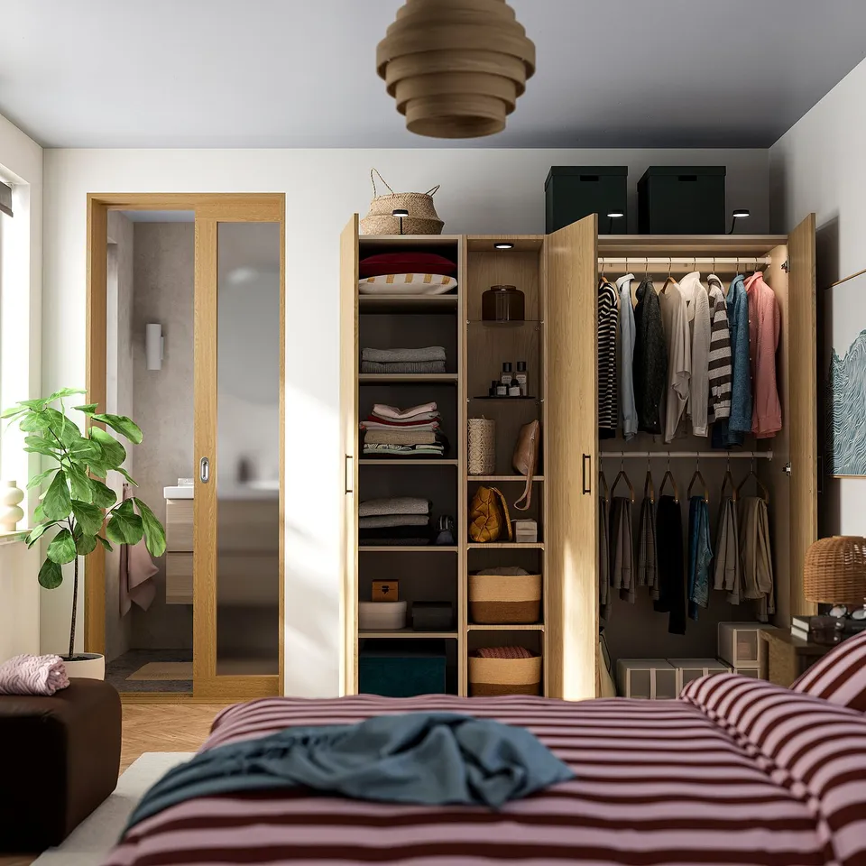 PAX / STORKLINTA Wardrobe combination, grey-beige/oak effect, 185x58x201 cm