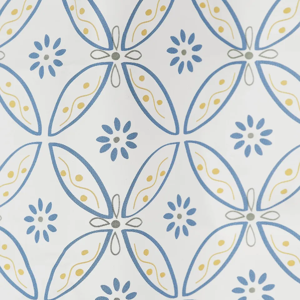 Blue & yellow floral pattern on white. Detailed, vibrant design. Water-resistant eva plastic.