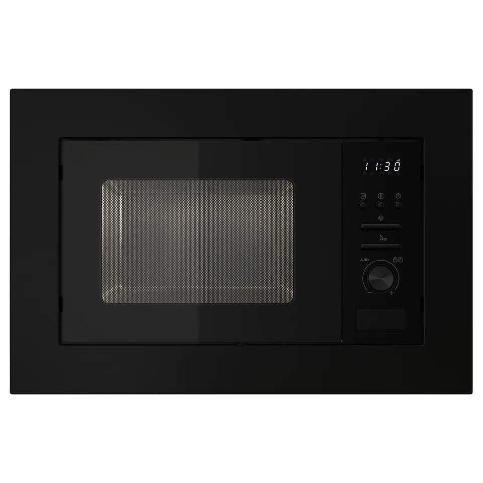 Black built-in microwave oven with digital display and control panel.