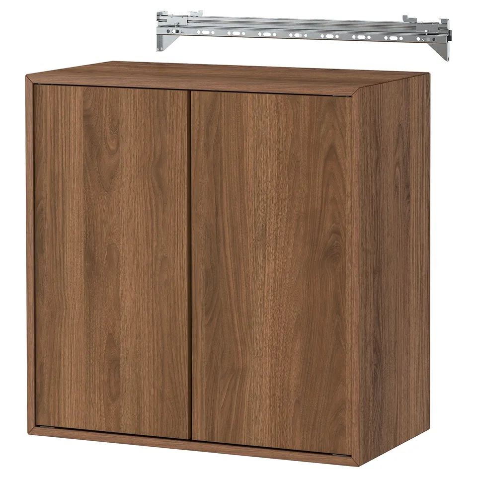 Brown wooden EKET cabinet with 2 doors, minimalist design, wall-mountable.