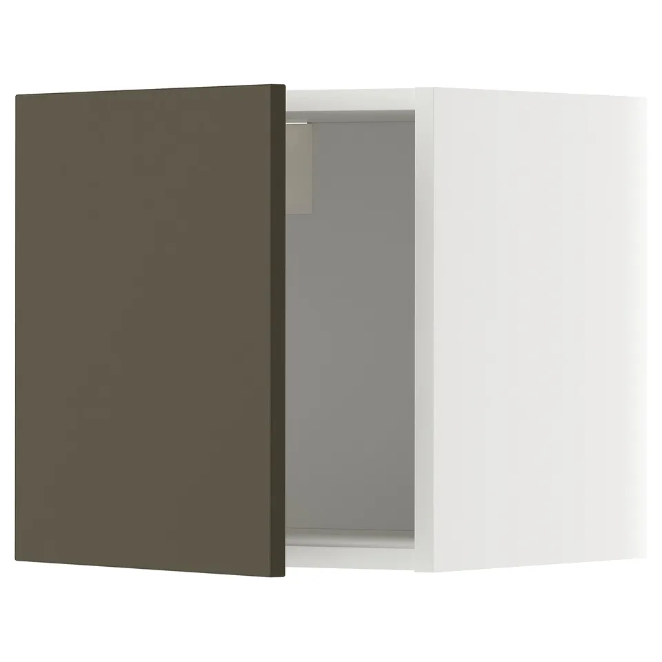 Modern kitchen cabinet, dark brown door, white frame, square shape.