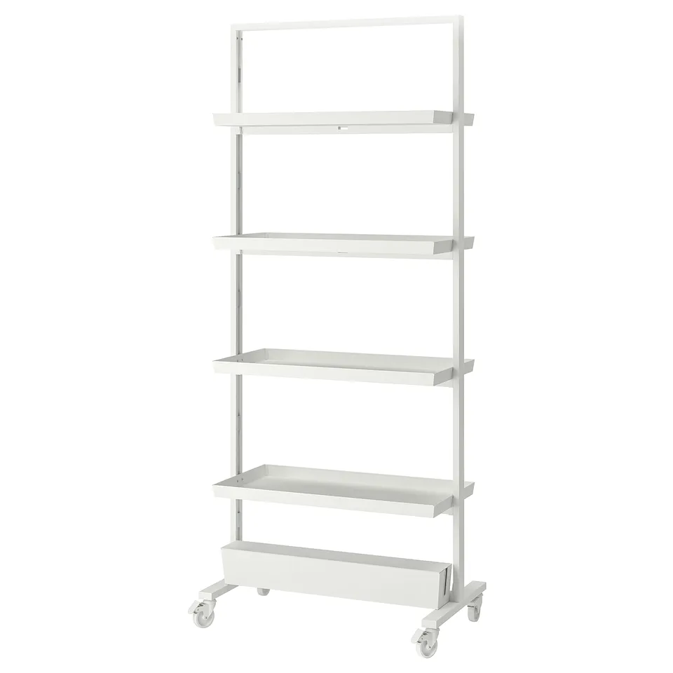 A MITTZON white mobile shelving unit with four shelves. It has a modern, minimalist design with lockable wheels.
