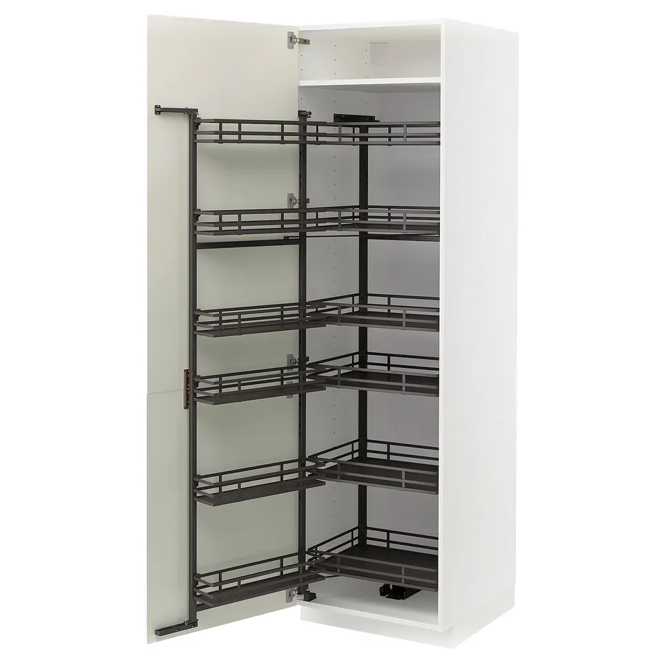 White kitchen cabinet, veddinge style, pull-out spice racks, modern design.