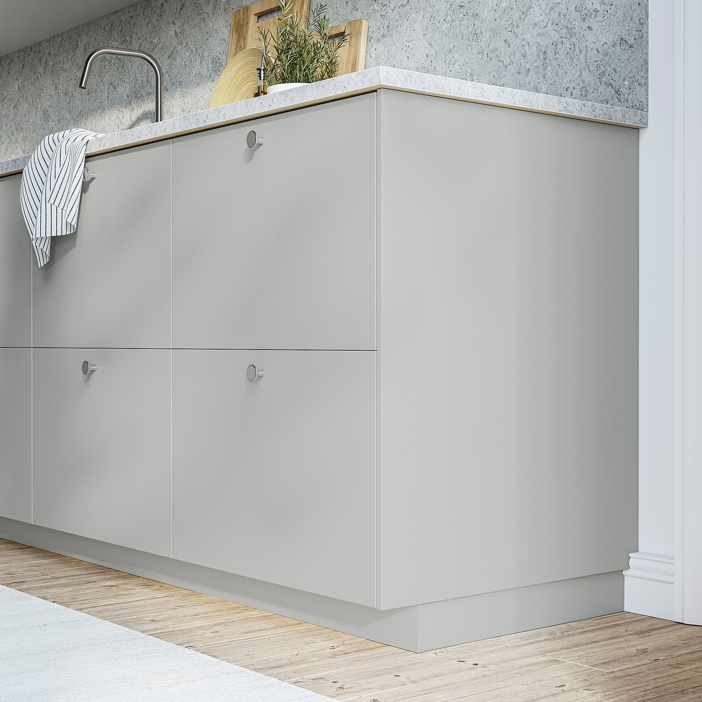 HAVSTORP light grey kitchen cabinet. Modern design, smooth surface. Tall unit with countertop, smaller than wall.