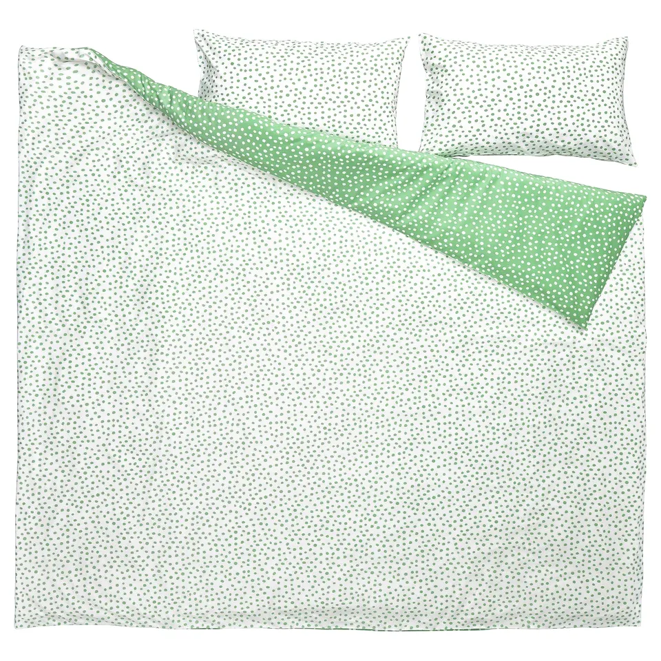 BJÖRKGRÅMAL green & white dotted bedding set, rectangular, cotton & viscose