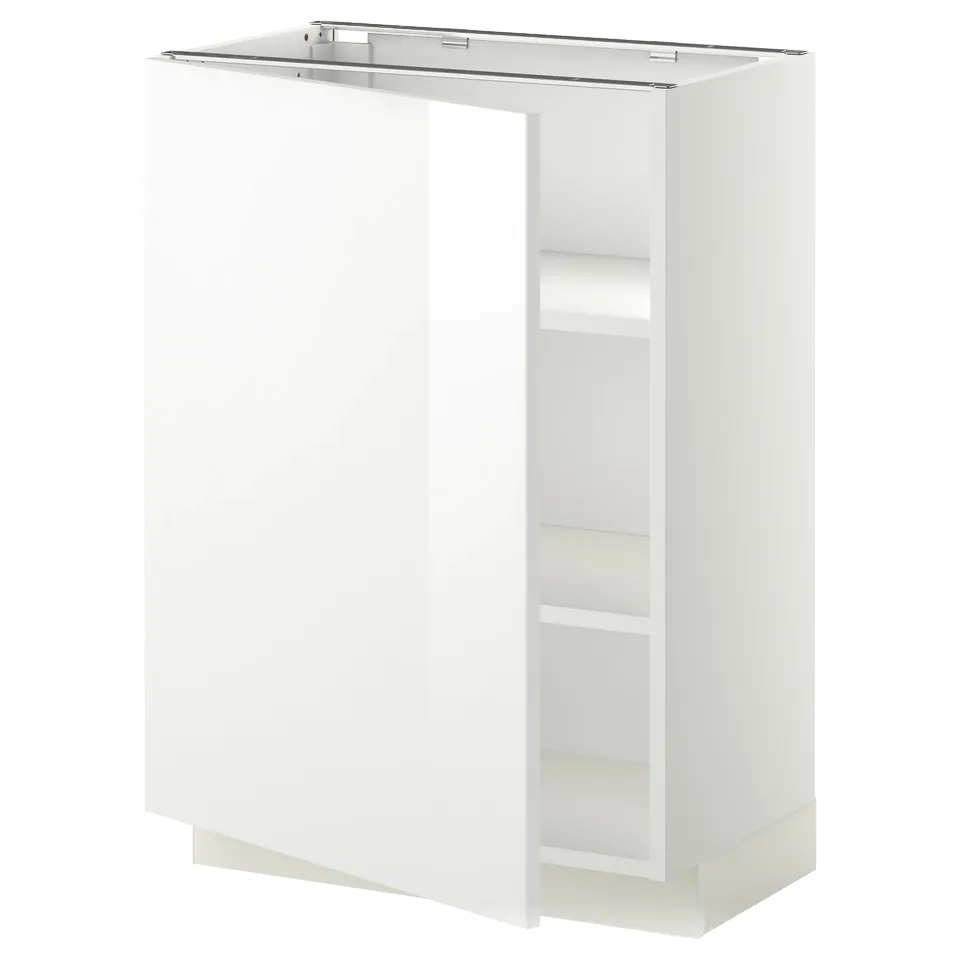 A white ikea METOD kitchen cabinet with a glossy finish and adjustable shelves.