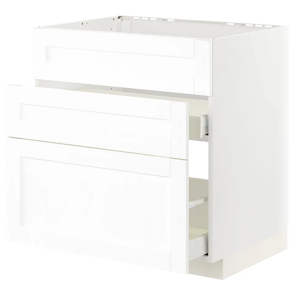 A white METOD kitchen cabinet with a smooth drawer.
